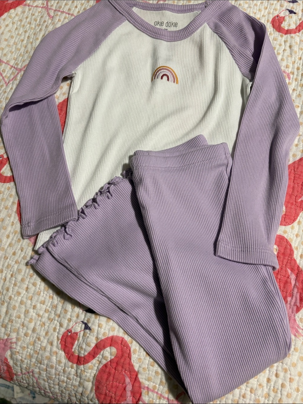 okie dokie Lilac & White Ribbed Two-Piece Play wear Set with Rainbow